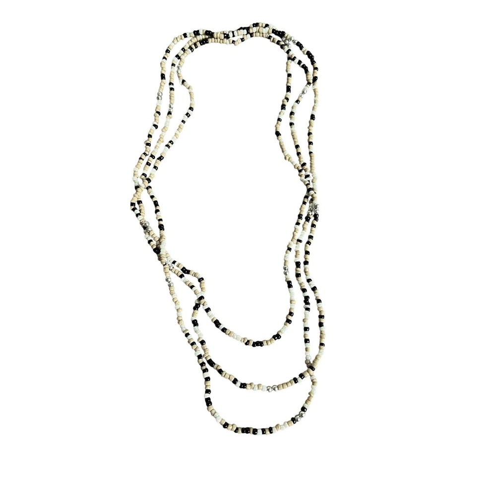 Black White Beige Seed Bead Necklace Layered Boho Tribal Style